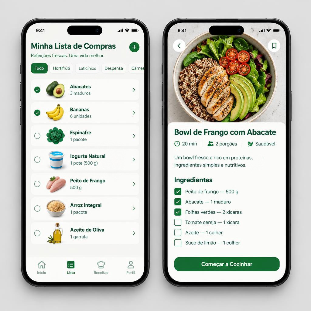 Lista inteligente de compras e receita rápida no mini app
